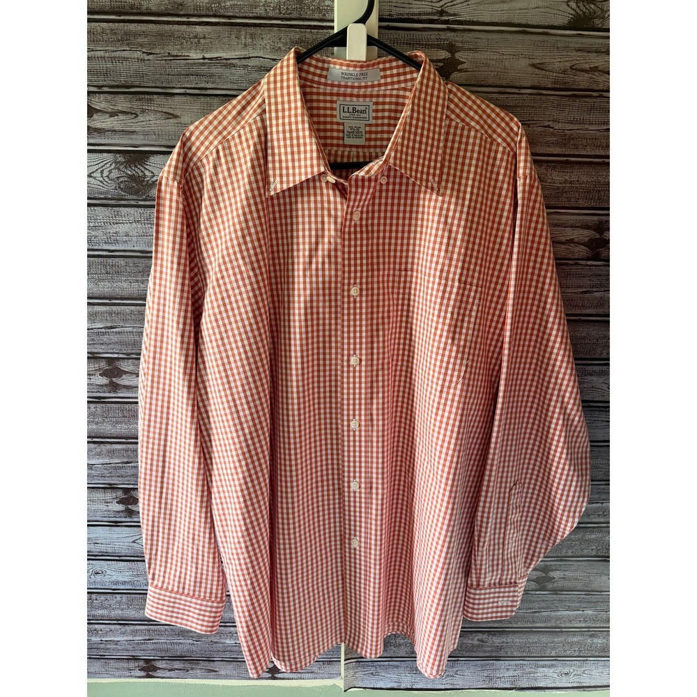 LL Bean Men's Long-Sleeved Button-Down Shirt Size 17 1/2-35 Orange White Gingham